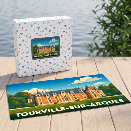 Puzzle souvenir de la ville de Tourville-sur-Arques avec une illustration stylisée de son château.