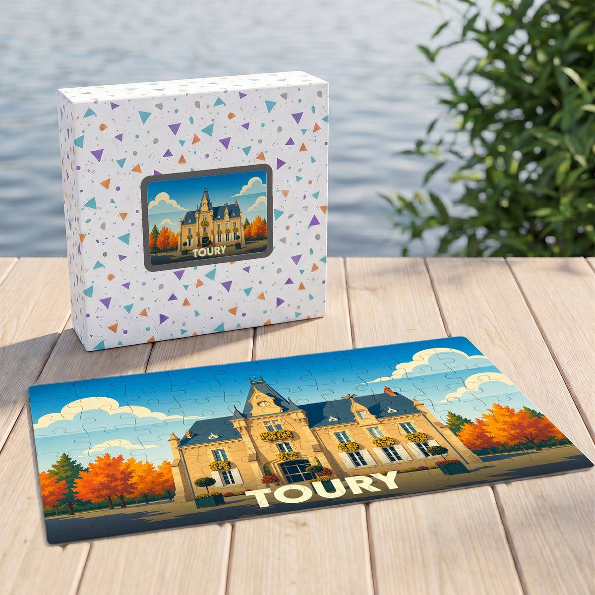 Puzzle souvenir de la ville de Toury avec une illustration stylisée d'un bâtiment historique en automne.