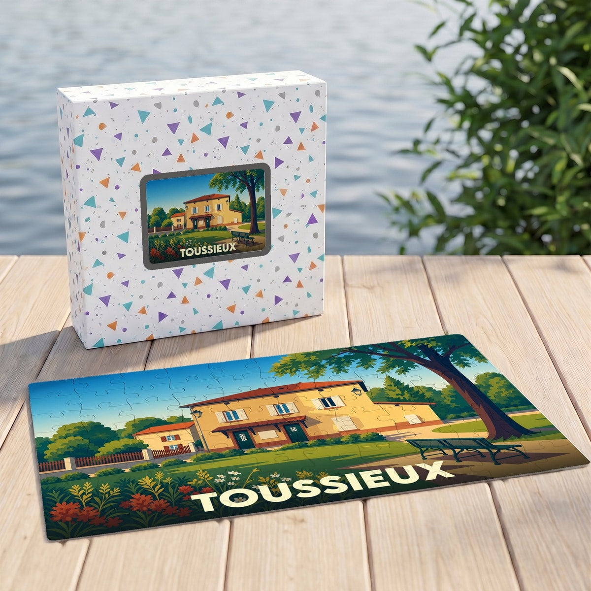 Puzzle souvenir de la ville de Toussieux avec une illustration stylisée d'une maison de campagne.