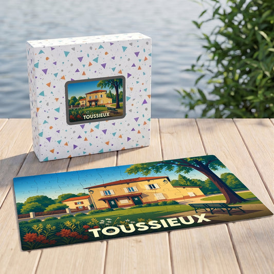 Puzzle souvenir de la ville de Toussieux avec une illustration stylisée d'une maison de campagne.