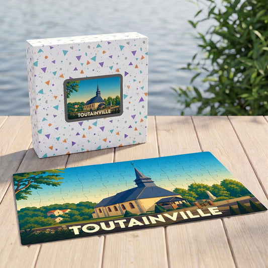 Puzzle souvenir de la ville de Toutainville avec une illustration stylisée de son église et de ses paysages.