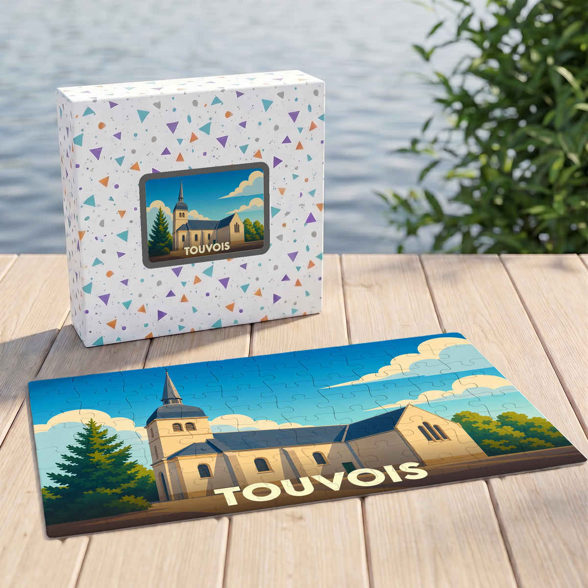 Puzzle souvenir de la ville de Touvois avec une illustration stylisée de son église.