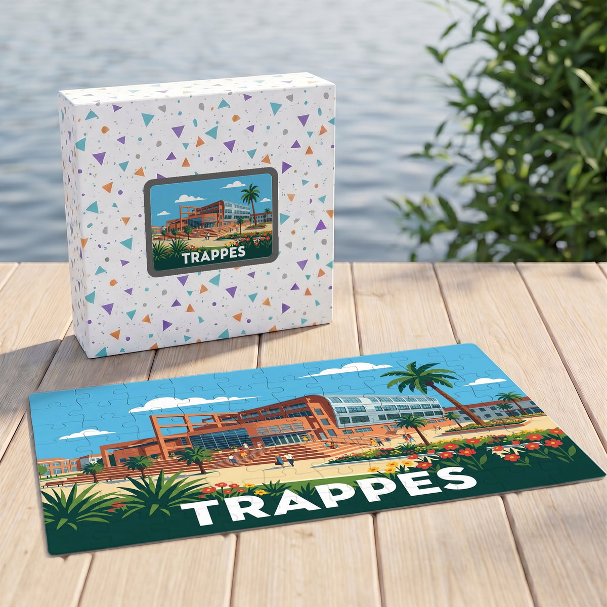 Puzzle souvenir de la ville de Trappes avec une illustration stylisée et colorée.