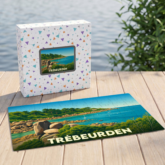 Puzzle souvenir de la ville de Trébeurden avec une illustration stylisée de son bord de mer.