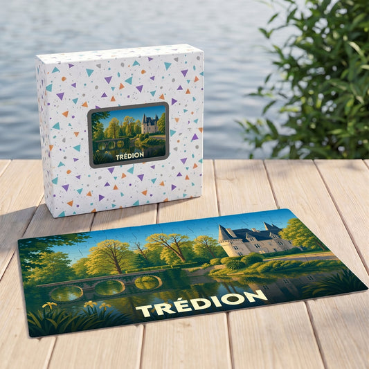 Puzzle souvenir de la ville de Trédion avec une illustration stylisée d'un château et de son pont.