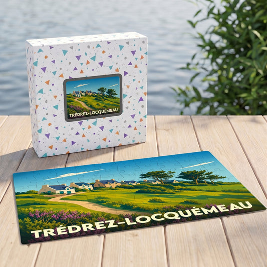 Puzzle souvenir de la ville de Trédrez-Locquémeau avec une illustration stylisée de son paysage côtier.