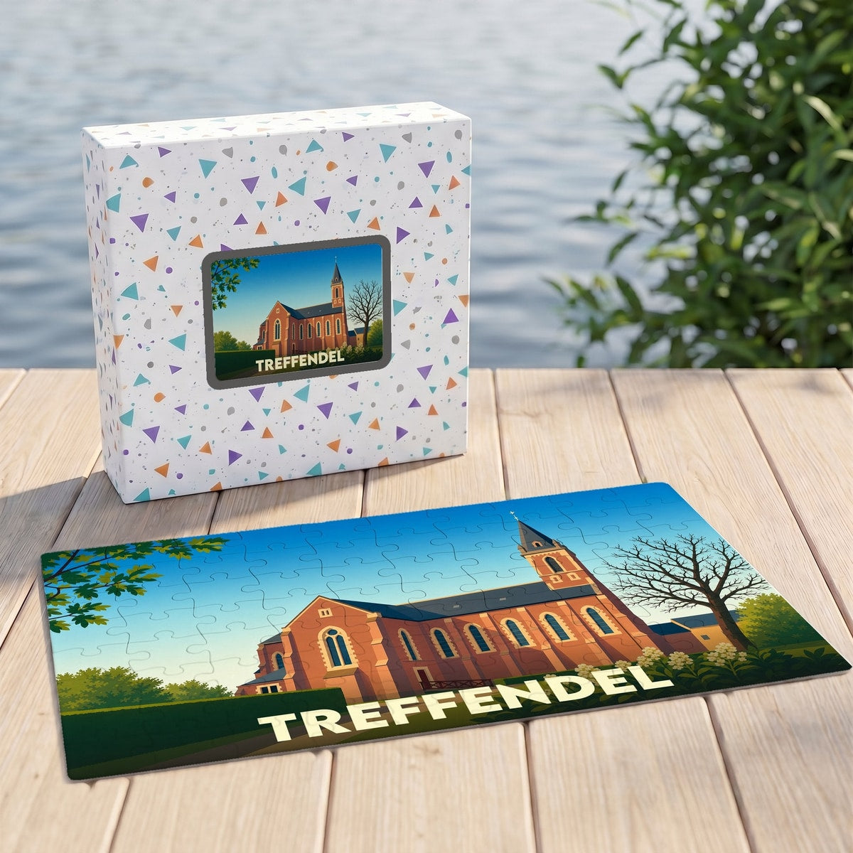 Puzzle souvenir de la ville de Treffendel avec une illustration stylisée de son église.
