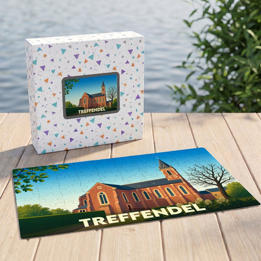 Puzzle souvenir de la ville de Treffendel avec une illustration stylisée de son église.