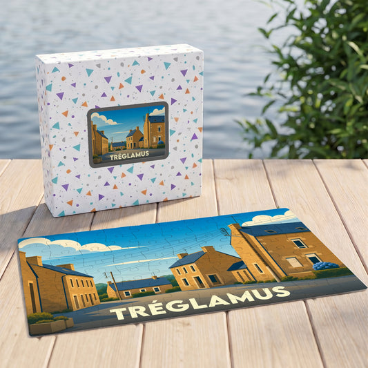 Puzzle souvenir de la ville de Tréglamus avec une illustration stylisée d'un paysage urbain.