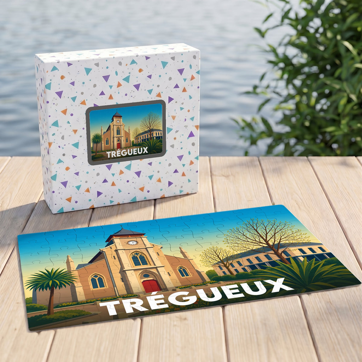 Puzzle souvenir de la ville de Trégueux avec une illustration stylisée de son église et de sa boîte assortie.
