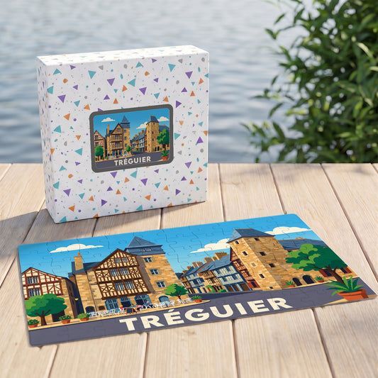 Puzzle souvenir de la ville de Tréguier illustré d'un paysage urbain stylisé et coloré.