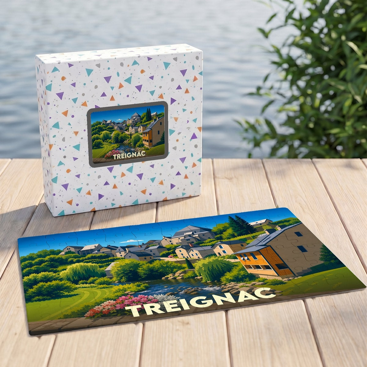 Puzzle souvenir de la ville de Treignac avec une illustration colorée et son coffret assorti.