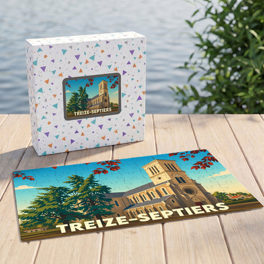 Puzzle souvenir de la ville de Treize-Septiers illustrant son église dans un style graphique rétro.