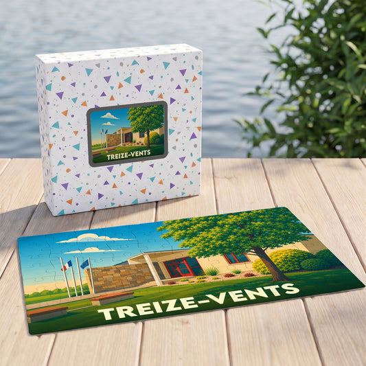 Puzzle souvenir de la ville de Treize-Vents avec une illustration stylisée d'un bâtiment municipal et son coffret assorti.