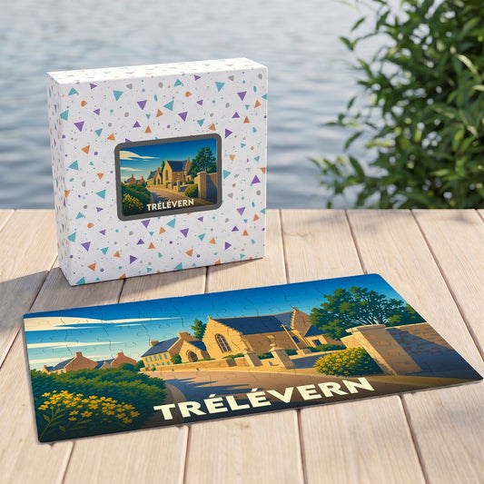 Puzzle souvenir de la ville de Trélévern avec une illustration stylisée d'un village côtier.