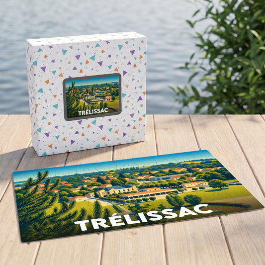 Puzzle souvenir de la ville de Trélissac avec une illustration stylisée et colorée du paysage urbain.