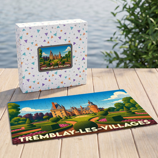 Puzzle souvenir de la ville de Tremblay-les-Villages avec une illustration stylisée d'un château et de ses jardins.