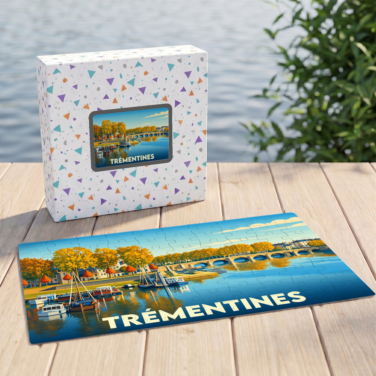 Puzzle souvenir de la ville de Trémentines avec une illustration stylisée d'un paysage fluvial.