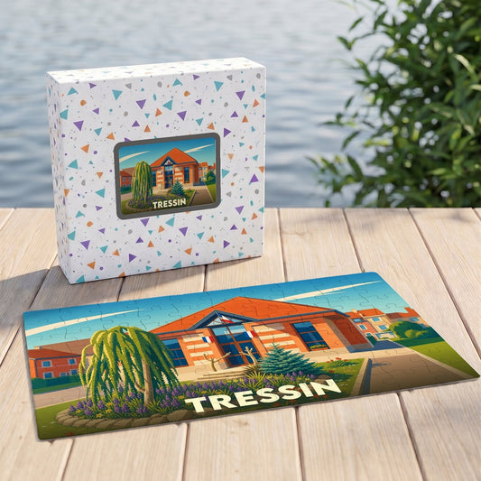 Puzzle souvenir de la ville de Tressin avec une illustration colorée de sa mairie.