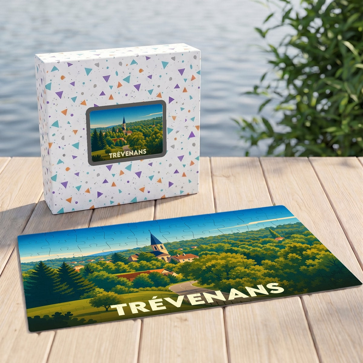Puzzle souvenir de la ville de Trévenans avec une illustration stylisée de son paysage verdoyant.