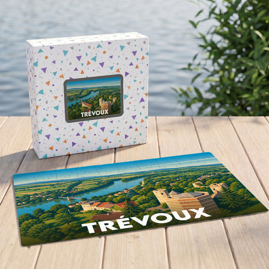 Puzzle souvenir de la ville de Trévoux avec une illustration stylisée et sa boîte assortie.