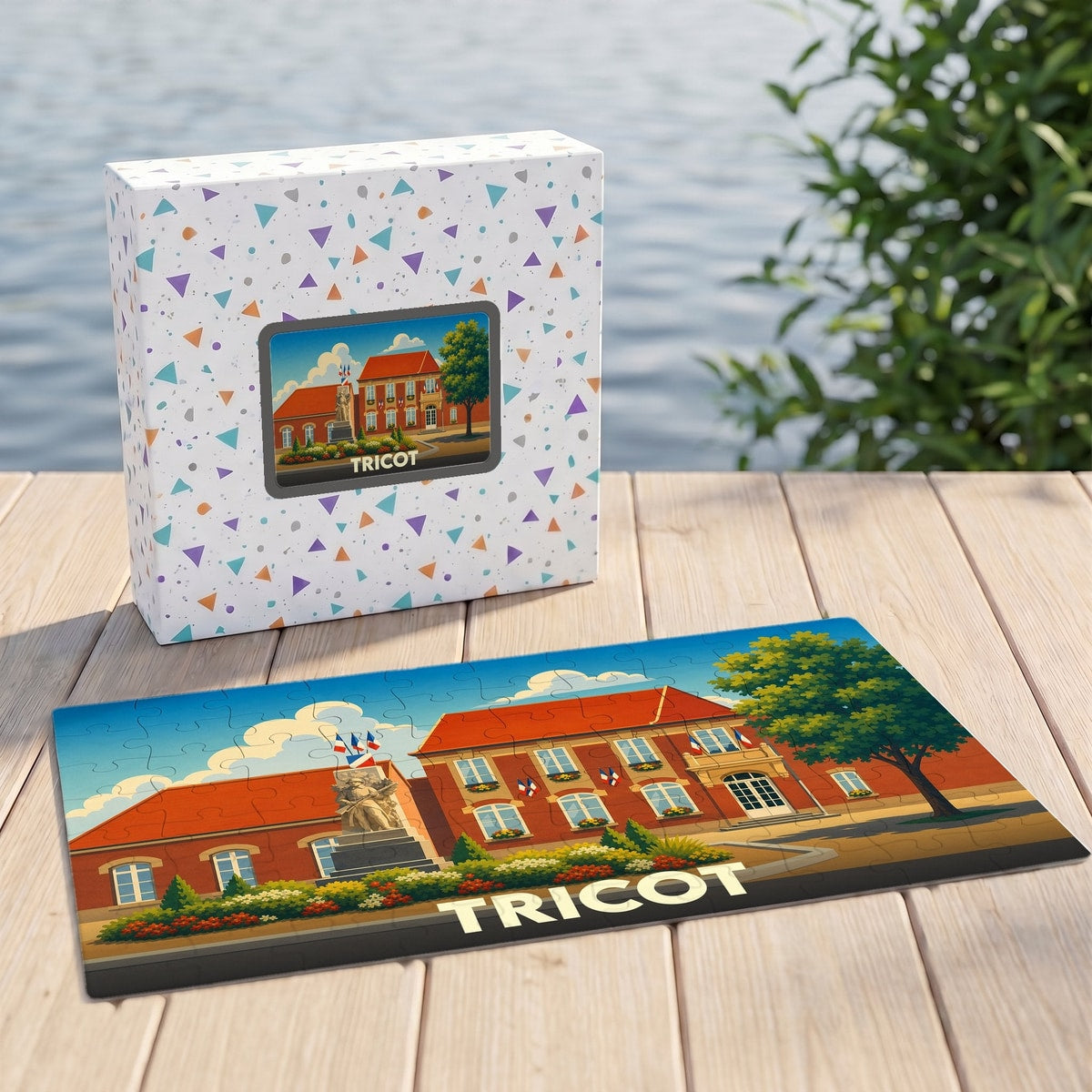 Puzzle souvenir de la ville de Tricot avec une illustration stylisée de sa mairie.