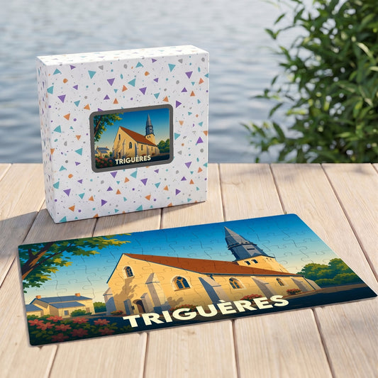 Puzzle souvenir de la ville de Triguères avec une illustration stylisée de son église.