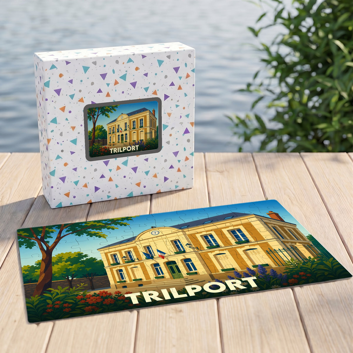 Puzzle souvenir de la ville de Trilport illustrant l'hôtel de ville dans un style graphique épuré.