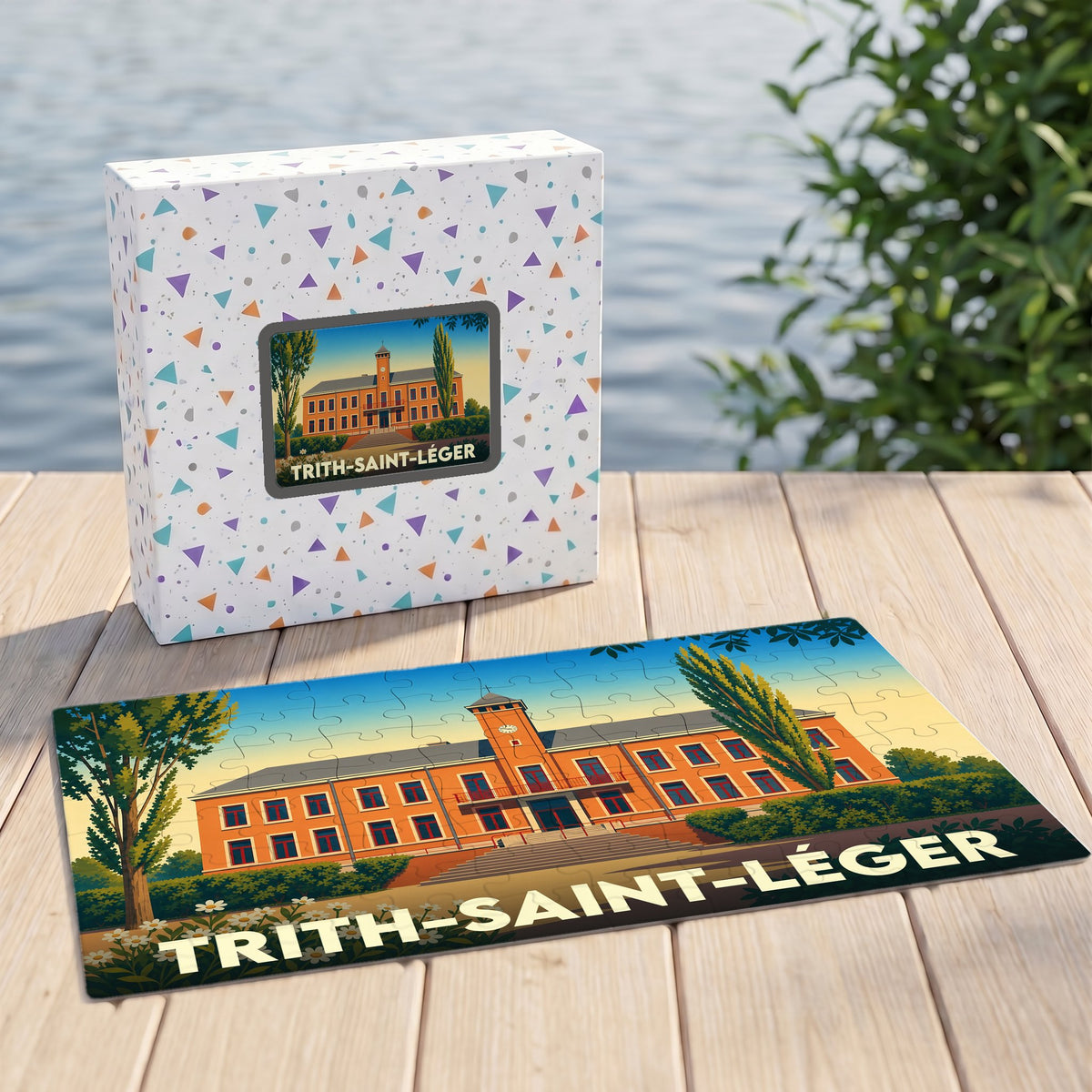 Puzzle souvenir de la ville de Trith-Saint-Léger avec une illustration stylisée de son hôtel de ville.