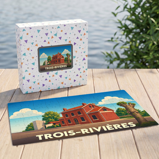 Puzzle souvenir de la ville de Trois-Rivières illustrant un bâtiment historique en briques rouges.