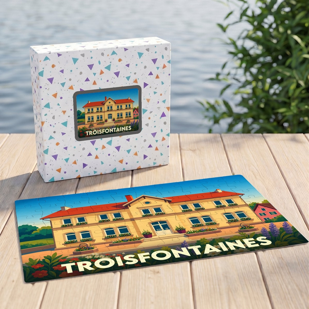 Puzzle souvenir de la ville de Troisfontaines avec une illustration colorée d'un bâtiment historique.