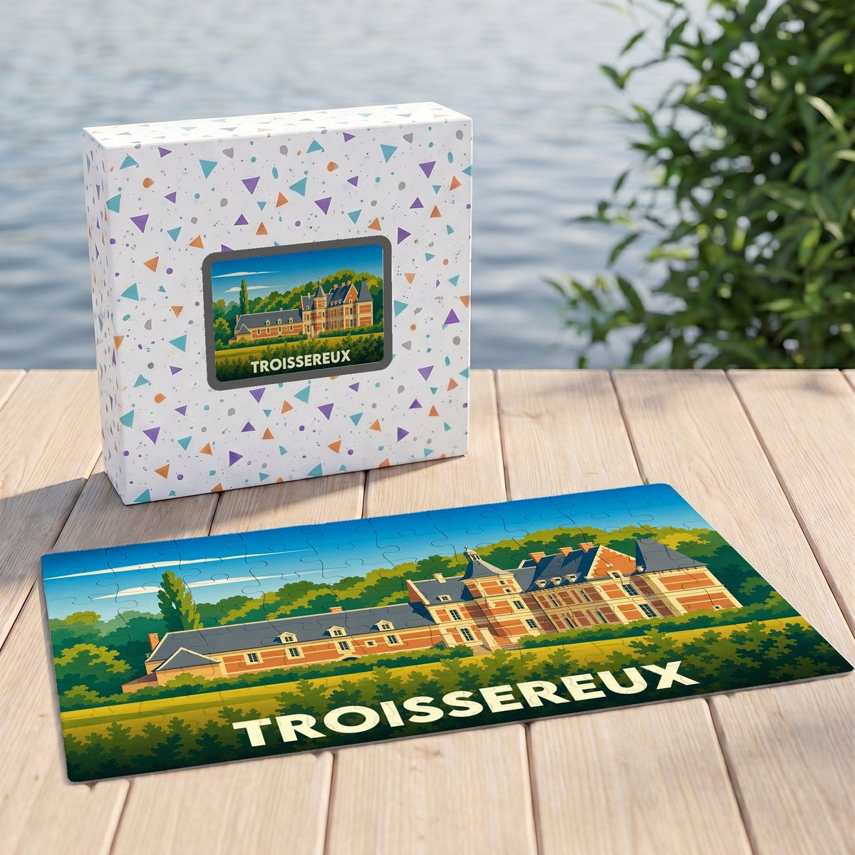 Puzzle souvenir de la ville de Troissereux avec une illustration stylisée du château local.