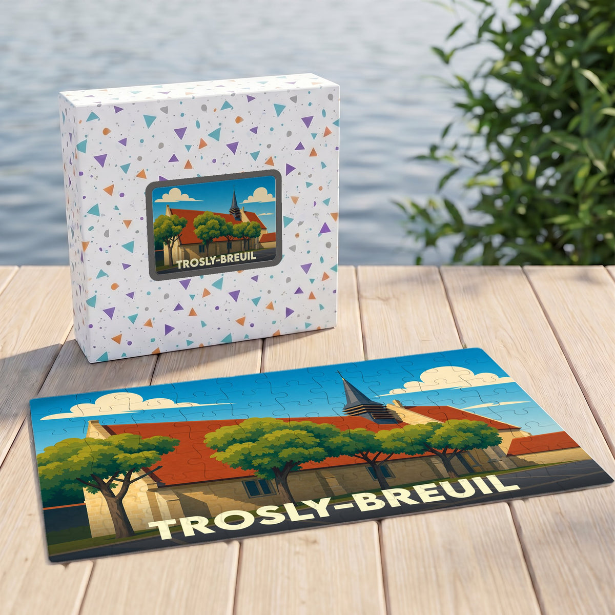 Puzzle souvenir de la ville de Trosly-Breuil avec une illustration stylisée et colorée de son église.