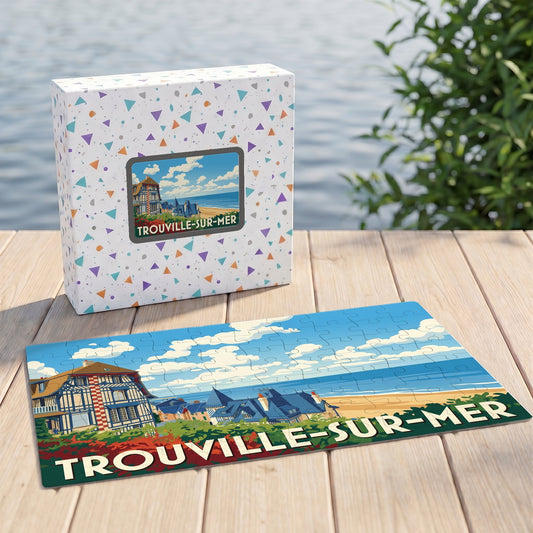 Puzzle souvenir de la ville de Trouville-sur-Mer avec une illustration stylisée de son front de mer.