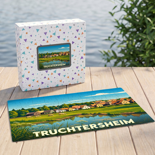 Puzzle souvenir de la ville de Truchtersheim avec une illustration stylisée de son paysage champêtre.