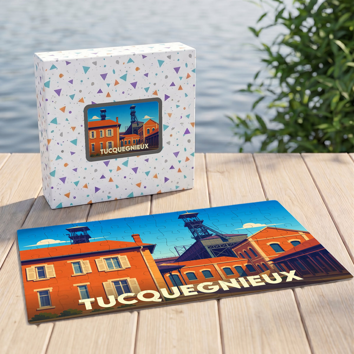 Puzzle souvenir de la ville de Tucquegnieux avec une illustration stylisée et colorée.