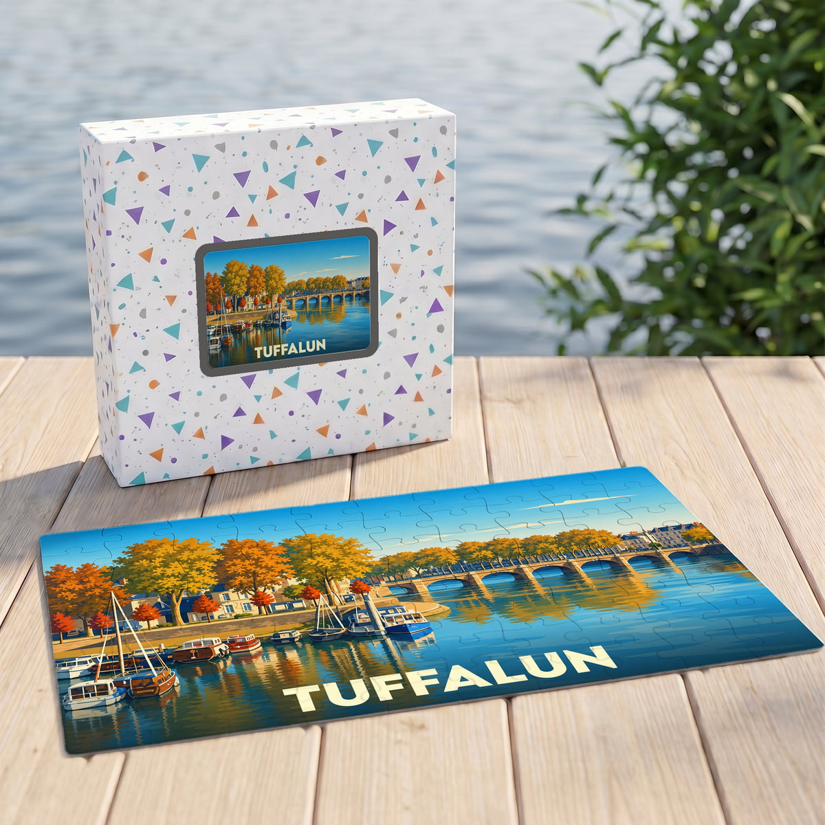 Puzzle souvenir de la ville de Tuffalun avec une illustration stylisée d'un bord de rivière.