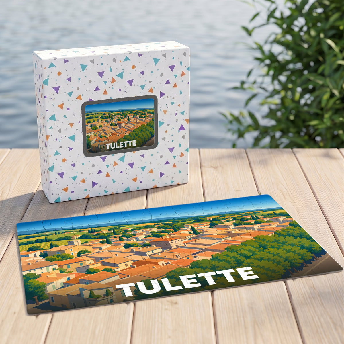 Puzzle souvenir de la ville de Tulette avec une illustration panoramique stylisée.