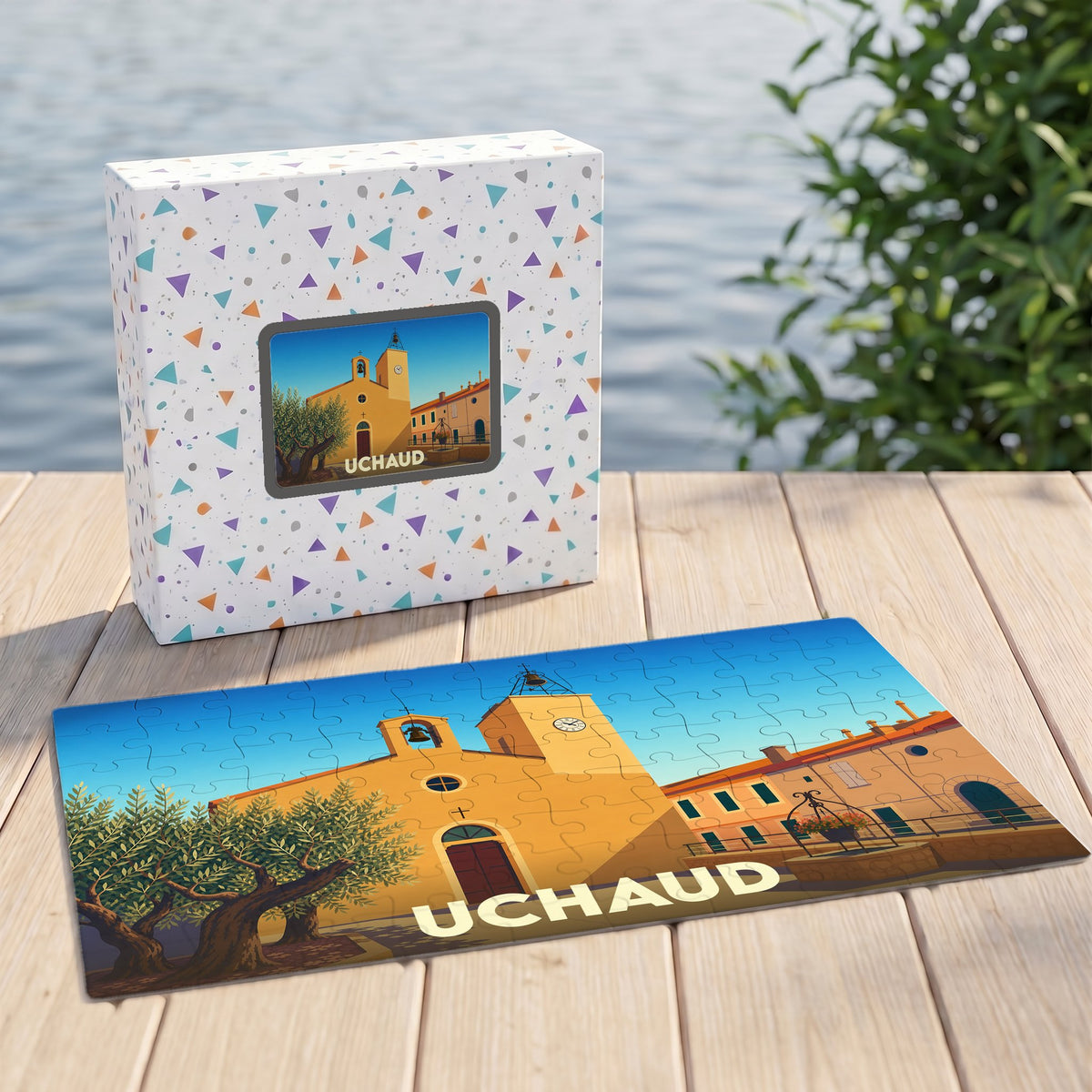 Puzzle souvenir de la ville d'Uchaud représentant une illustration ensoleillée de son église et de ses façades.