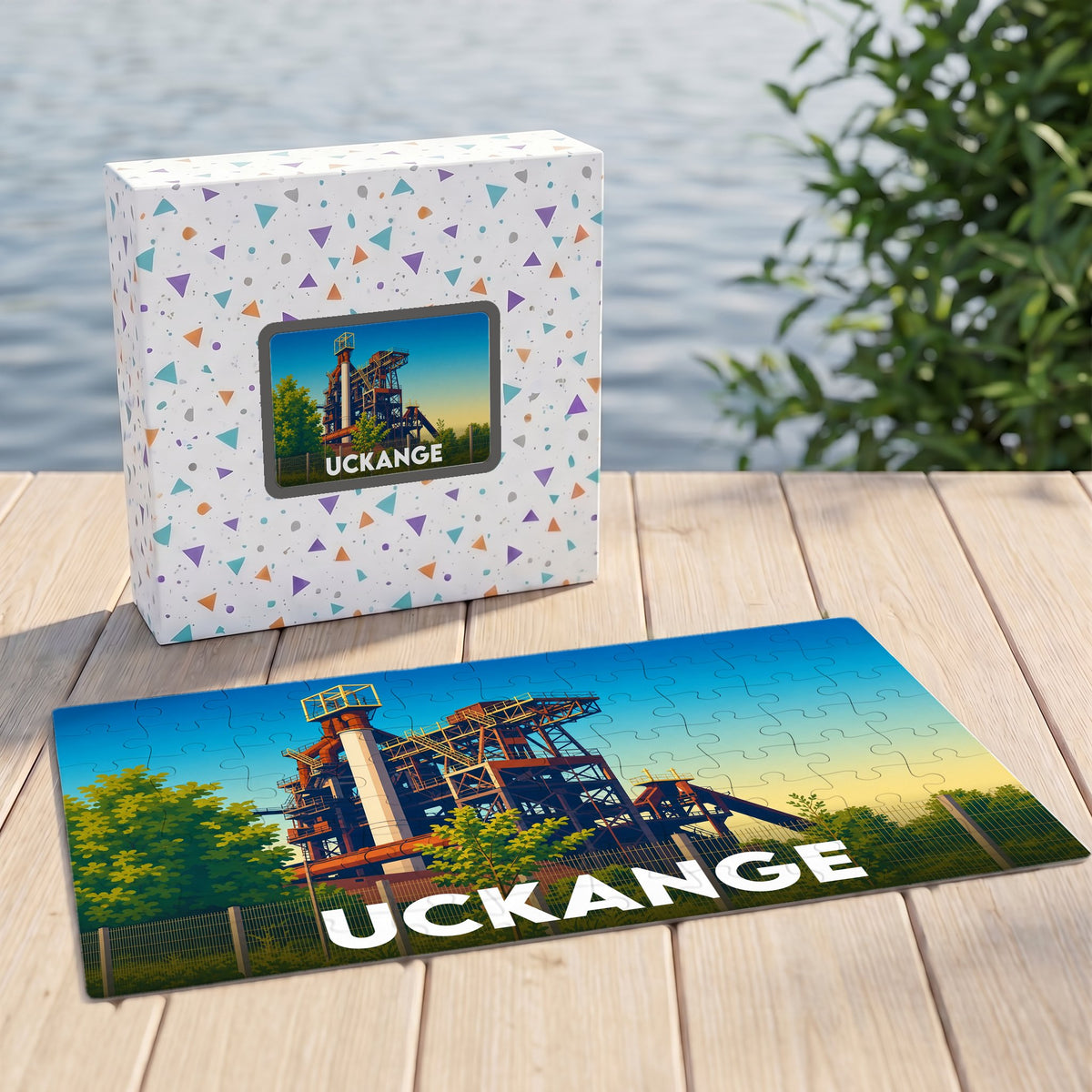 Puzzle souvenir de la ville d'Uckange avec une illustration stylisée d'un haut-fourneau.
