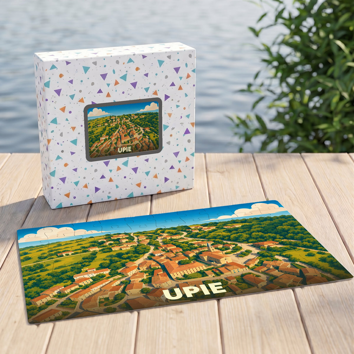 Puzzle souvenir de la ville d'Upie avec une illustration stylisée vue du ciel.