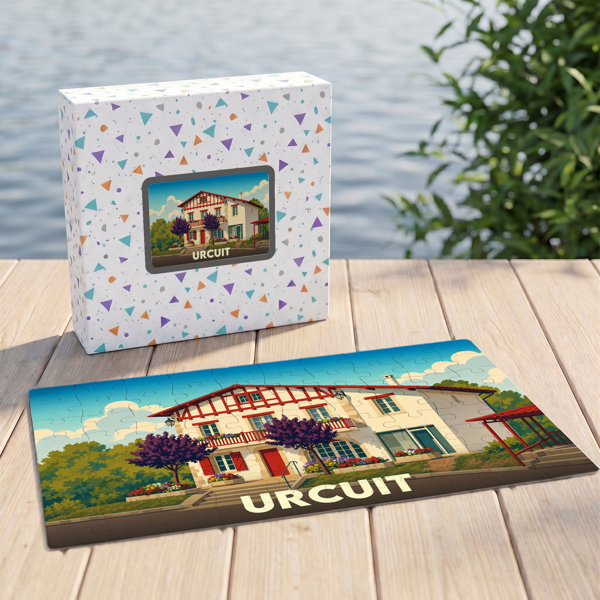 Puzzle souvenir de la ville d'Urcuit représentant une maison traditionnelle basque dans un style illustré.
