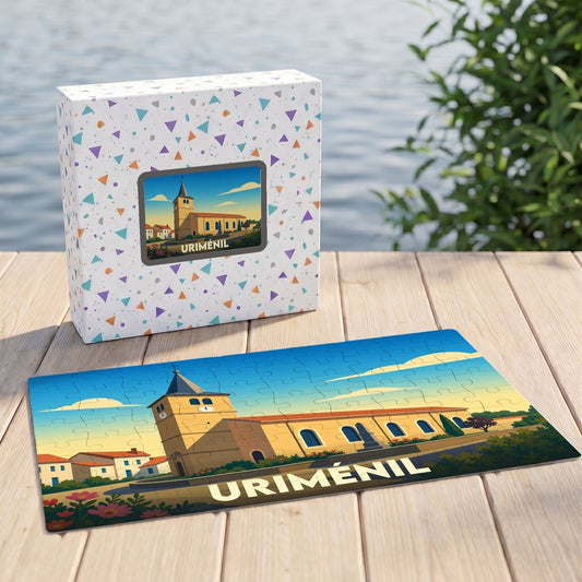 Puzzle souvenir de la ville d'Uriménil avec une illustration stylisée de son église.