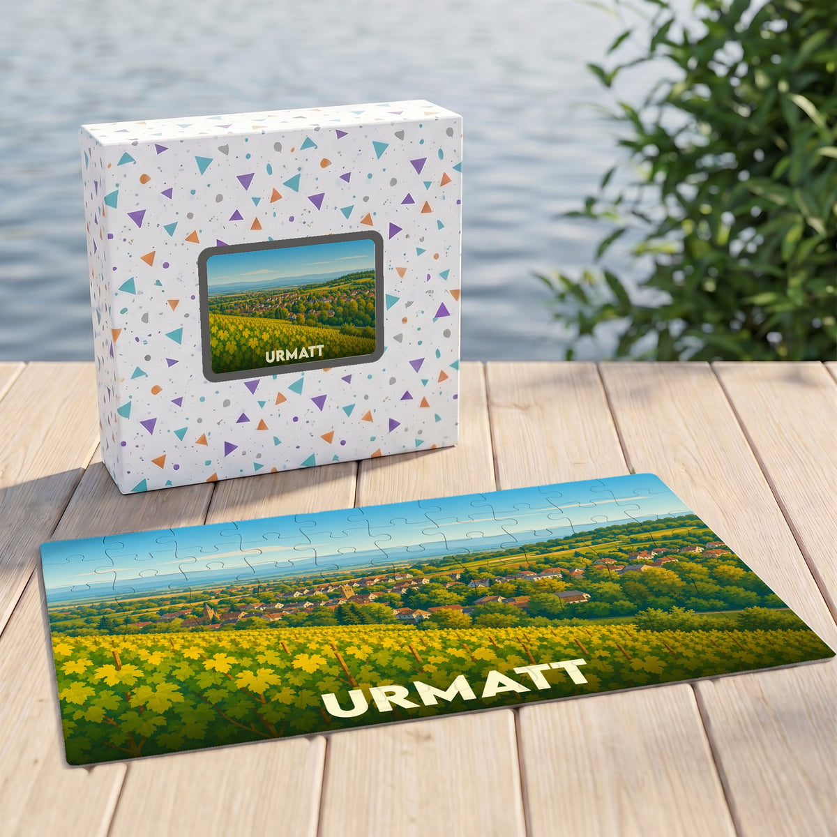 Puzzle souvenir de la ville d'Urmatt représentant un paysage de vignobles illustré.