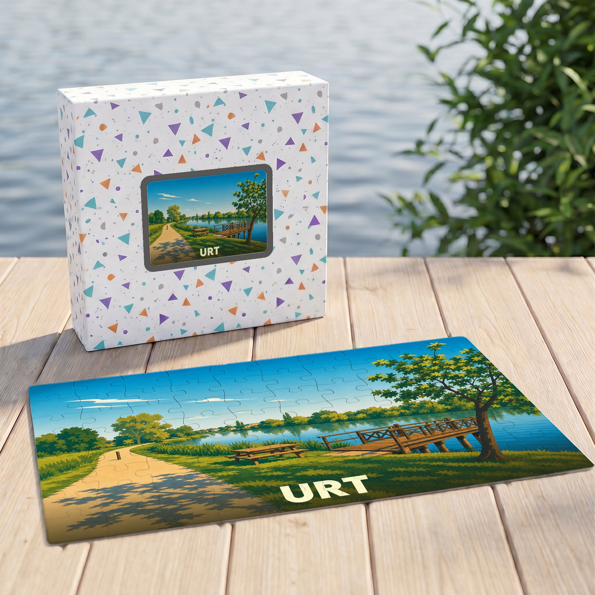 Puzzle souvenir de la ville d'Urt illustrant un paysage de bord d'eau avec un ponton.