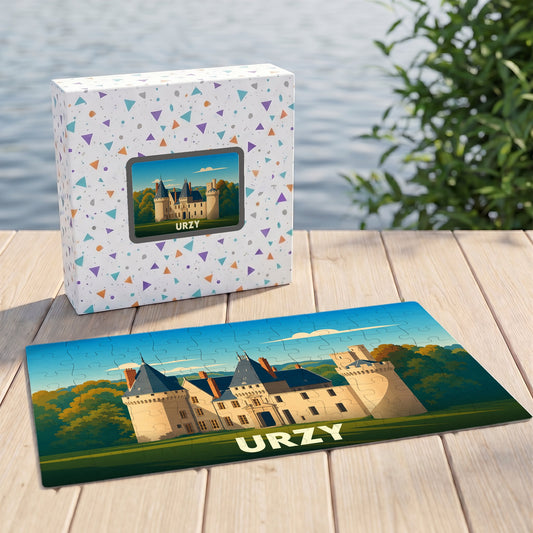 Puzzle souvenir de la ville d'Urzy représentant son château avec une illustration stylisée.