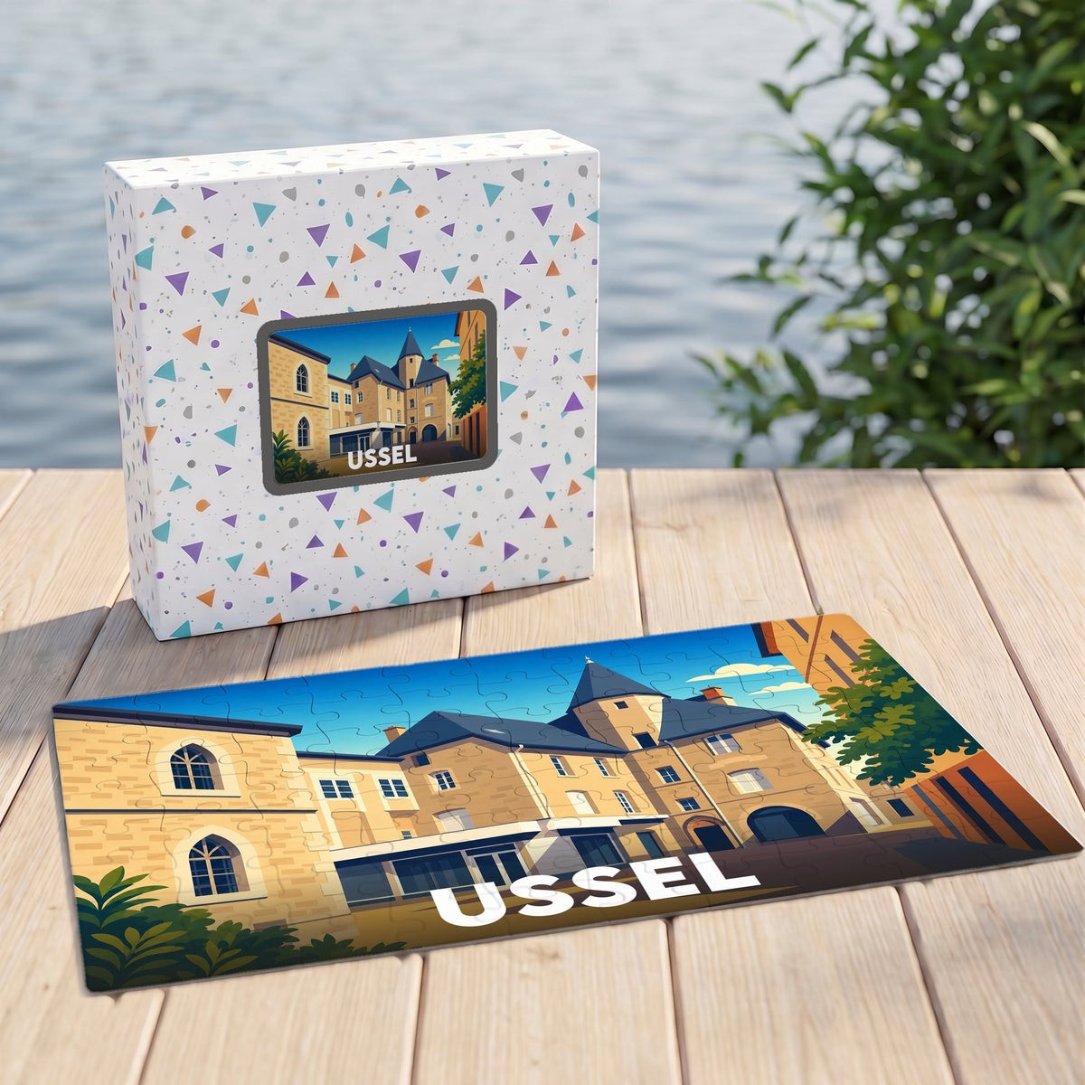 Puzzle souvenir de la ville d'Ussel avec une illustration stylisée et colorée.