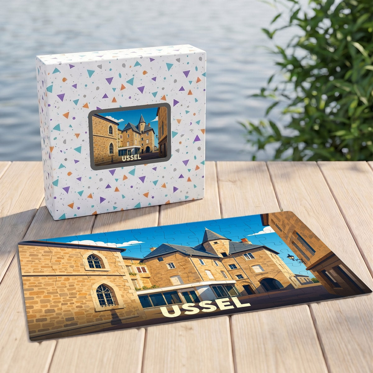 Puzzle souvenir de la ville d'Ussel avec une illustration stylisée de ses bâtiments historiques.