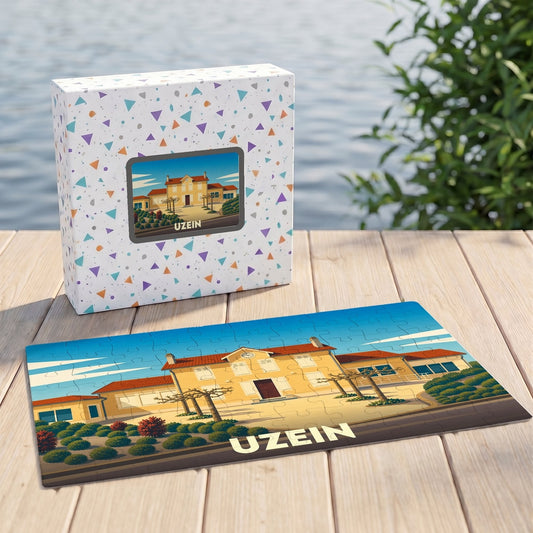 Puzzle souvenir de la ville d'Uzein illustrant un bâtiment communal dans un style graphique épuré.