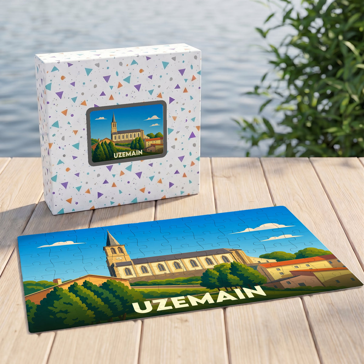 Puzzle souvenir de la ville d'Uzemain avec une illustration stylisée d'une église sous un ciel bleu.